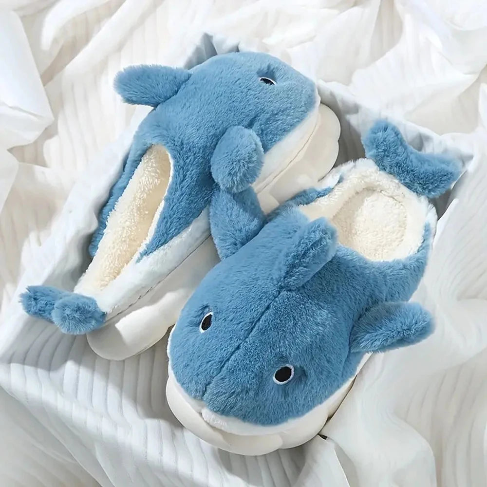 Soft Plush Sharky Slides For Wome&Men,Whale Shark Fuzzy Slippers With Anti-Skid Winter Cute Couple House Slippers Christmas Gift
