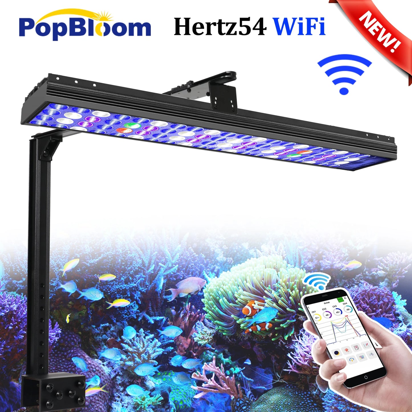 NEW Popbloom WiFi Aquarium LED Lighting, Marine Aquarium Lamp for 60CM/24" Reef Corals SPS/LPS Saltwater Fish Tank Light H54