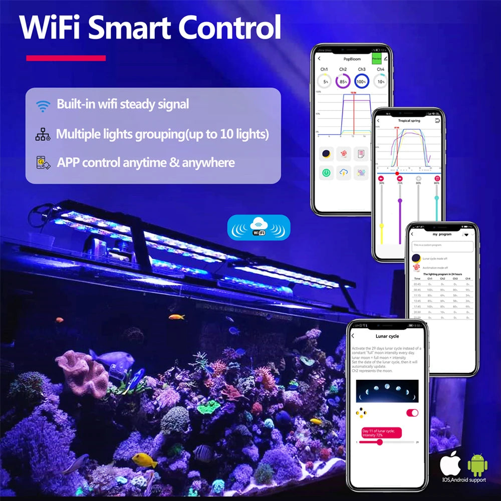 NEW Popbloom WiFi Aquarium LED Lighting, Marine Aquarium Lamp for 60CM/24" Reef Corals SPS/LPS Saltwater Fish Tank Light H54