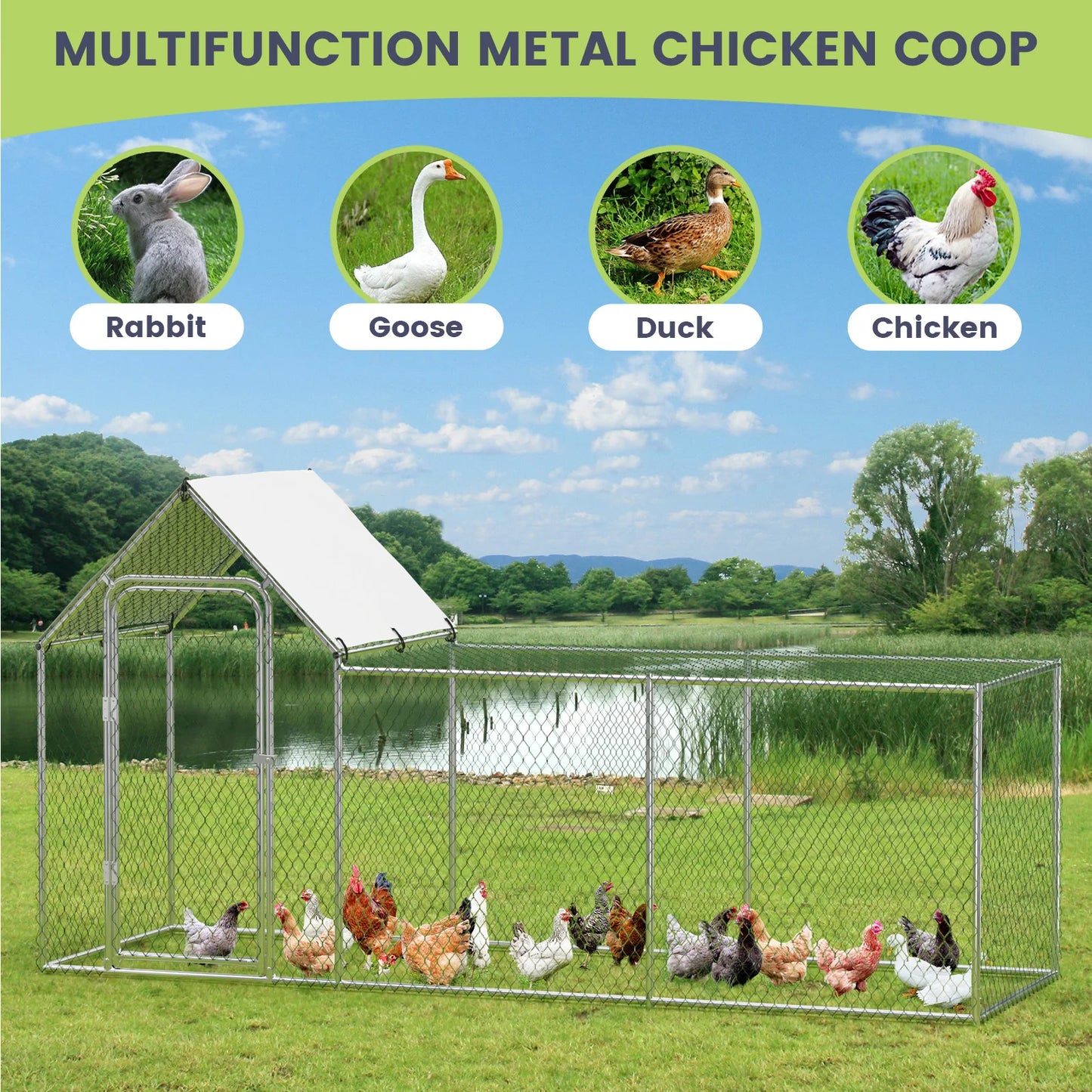 Large Metal Chicken Coop, Chicken Run with Waterproof and Anti-UV Cover, Walk-in Chicken Pen for 6/10 Chickens Rabbits Duck