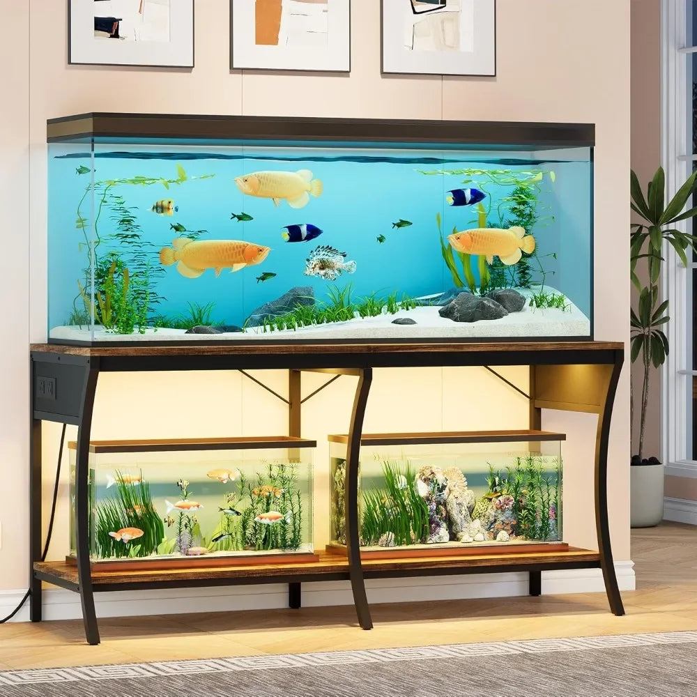 55-90 Gallon Fish Tank Stand, 2-Tier with LED Light & Power Outlets – Metal Frame for Aquarium or Reptile Use