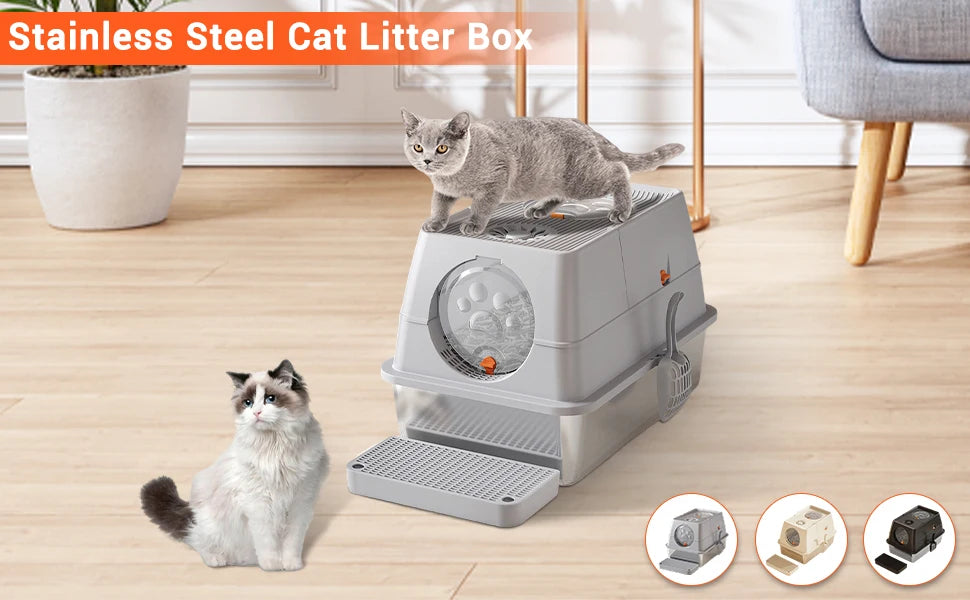 Stainless Steel Cat Litter Box, High Sided Enclosure Cat Toilet With Lid, Front And Top Door, Sand Filter Pedal & Litter Scoop