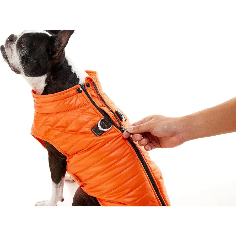 Ultra Thin Zip Up Wind Breaker Puffer Vest Dog Jacket in Orange for Small to Medium Dogs Water Resistant with Dual D Ring Leash