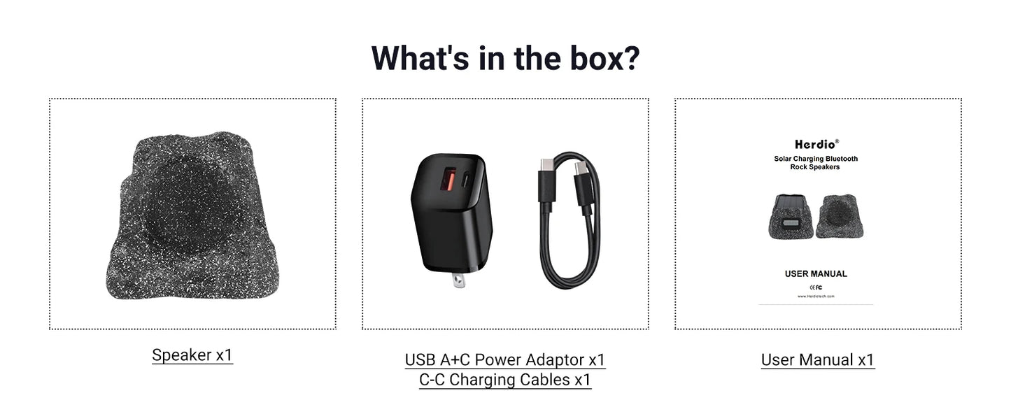 Herdio 8" Rock Speakers Outdoor IPX7 Waterproof Bluetooth Wireless Solar Powered Max 120W With Rechargeable Battery For Garden