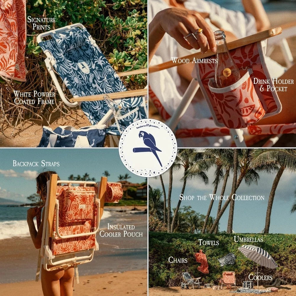 Backpack Beach Chair Lay Flat Reclining, Lightweight & Portable, Insulated Cooler Pocket, Last Mango Green Stripe