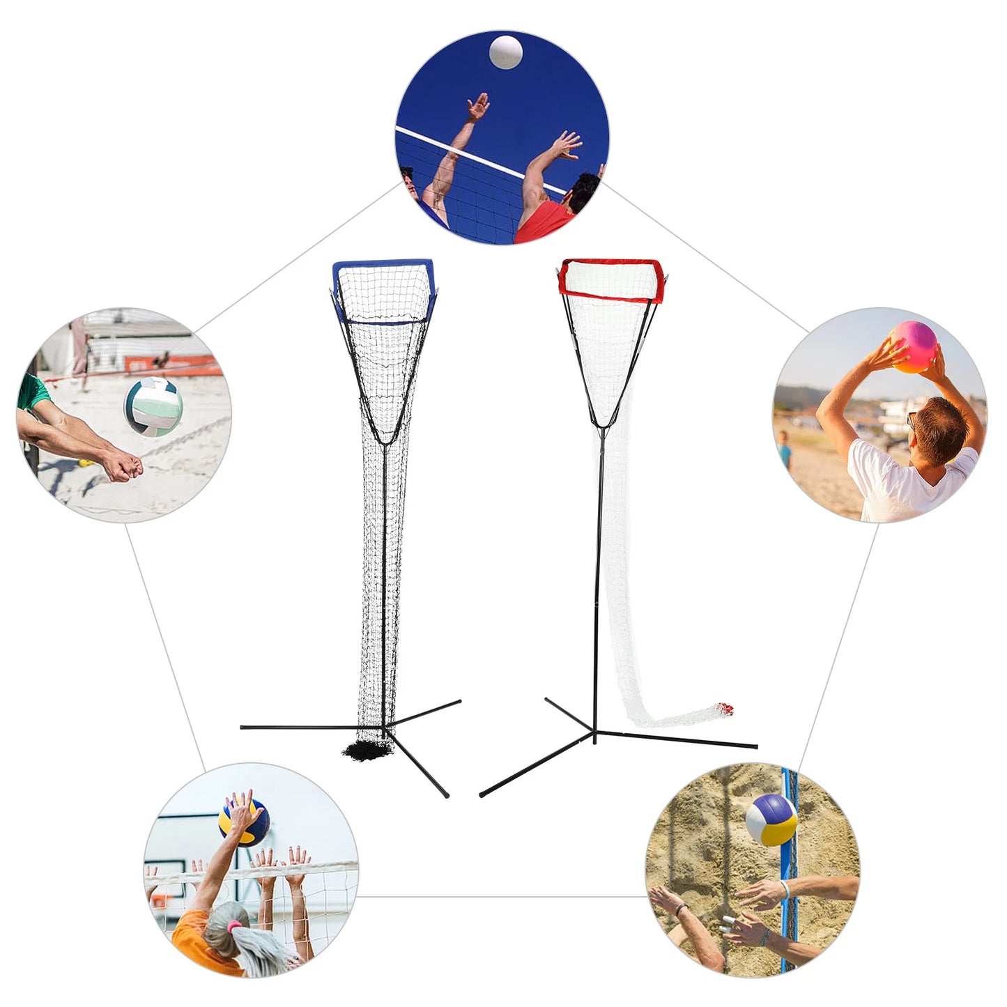Volleyball Training Iron Net Frame,Black+Blue/Red Free Standing Volleyball Practice Net Adjustable Height and Angle for Patios
