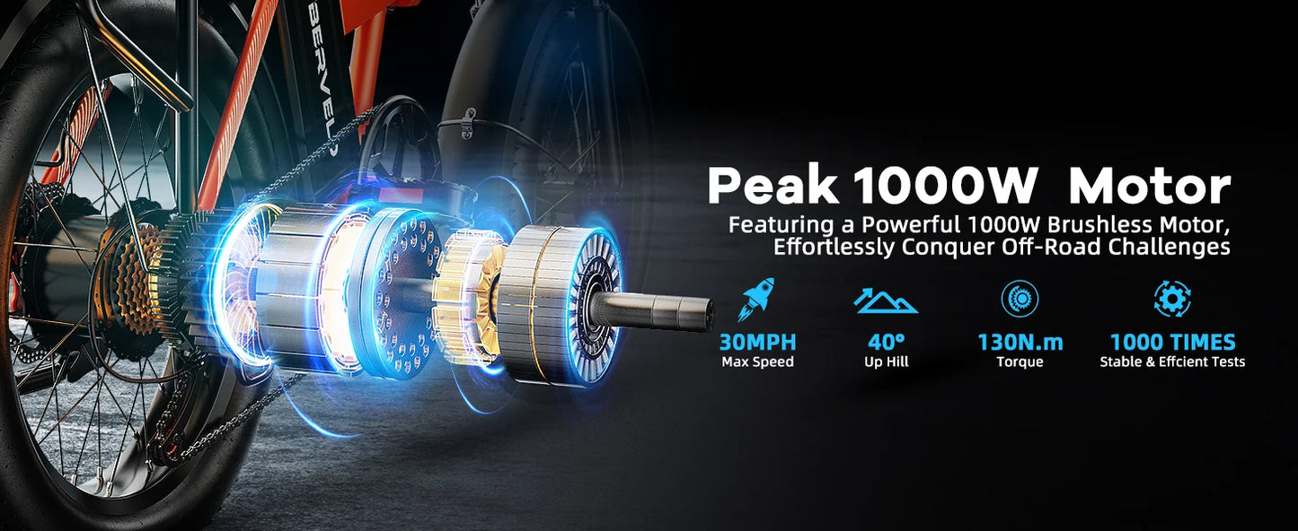 1000W Folding Electric Bike, 48V 20AH Large Removable Battery E Bike, 30+MPH, 80 Miles Max Range, 20" Fat Tire Electric Bike for