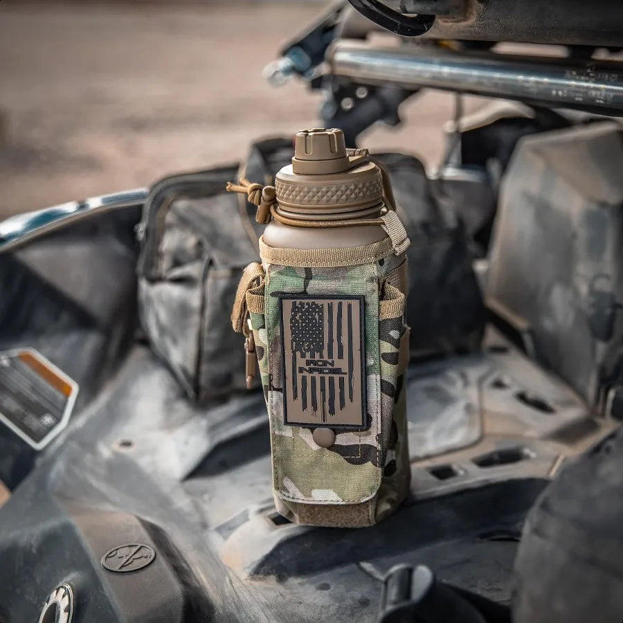 Battle Bottle 32 Oz Insulated Water Bottle with Straw Lid Chug Cap Stainl Steel Metal Tactical Flask With Red Removable Sleeve