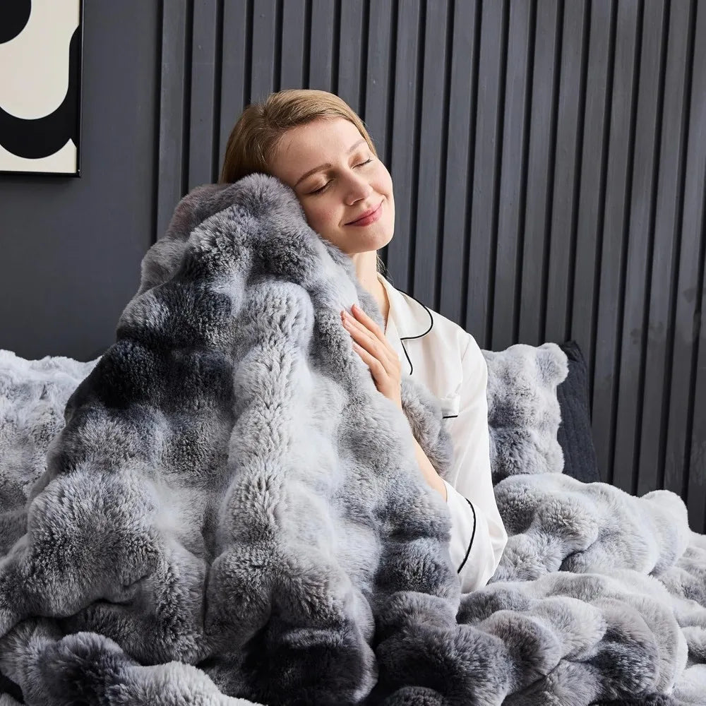 King Size Tie-Dye Grey Plush Rabbit Fur-Like Comforter Set, Fluffy and Warm Bedding