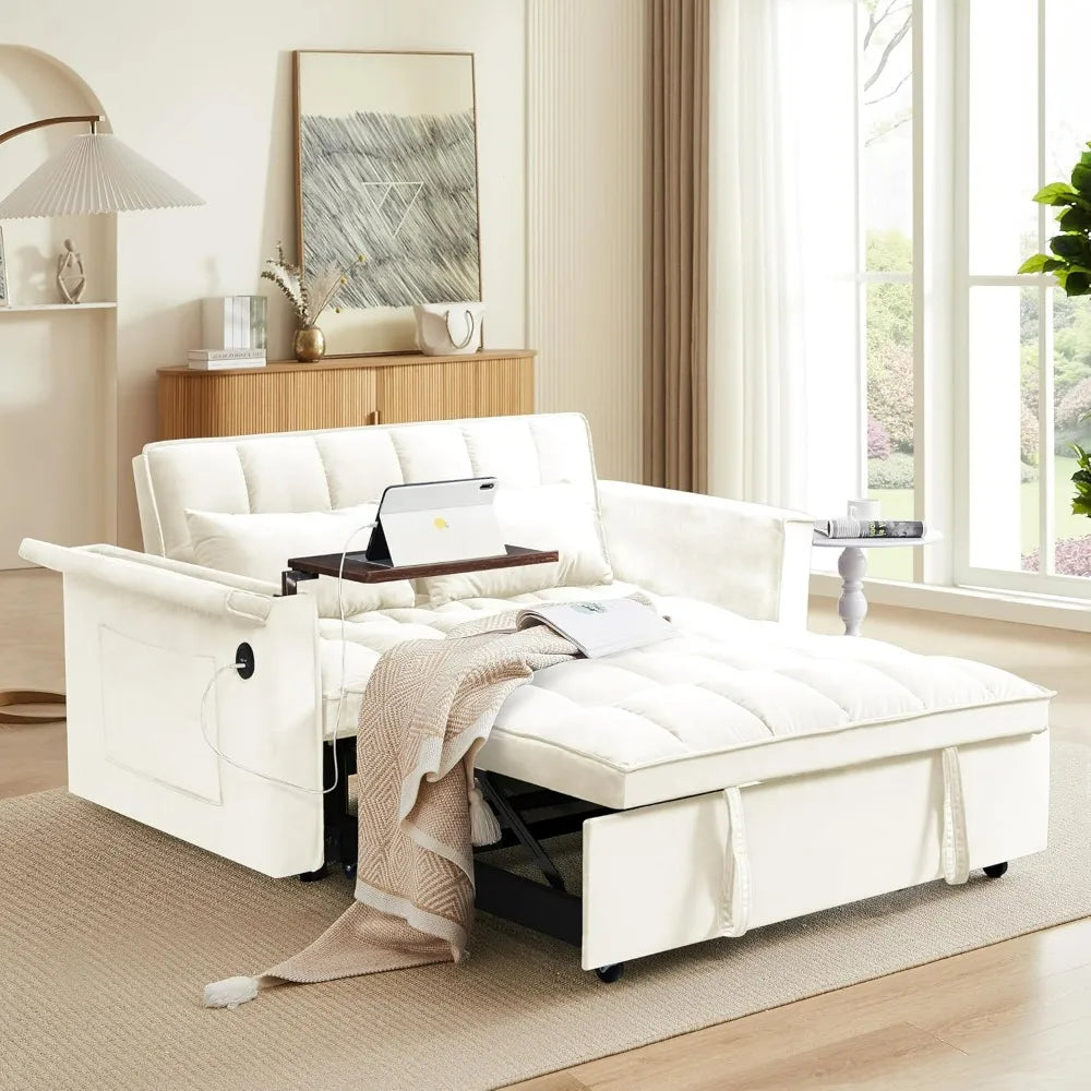 55 Velvet Sleeper Sofa Bed with 3-in-1 Functionality, Pull Out Couch, Adjustable Back, and 2 Pillows - Convertible Futon Sofa