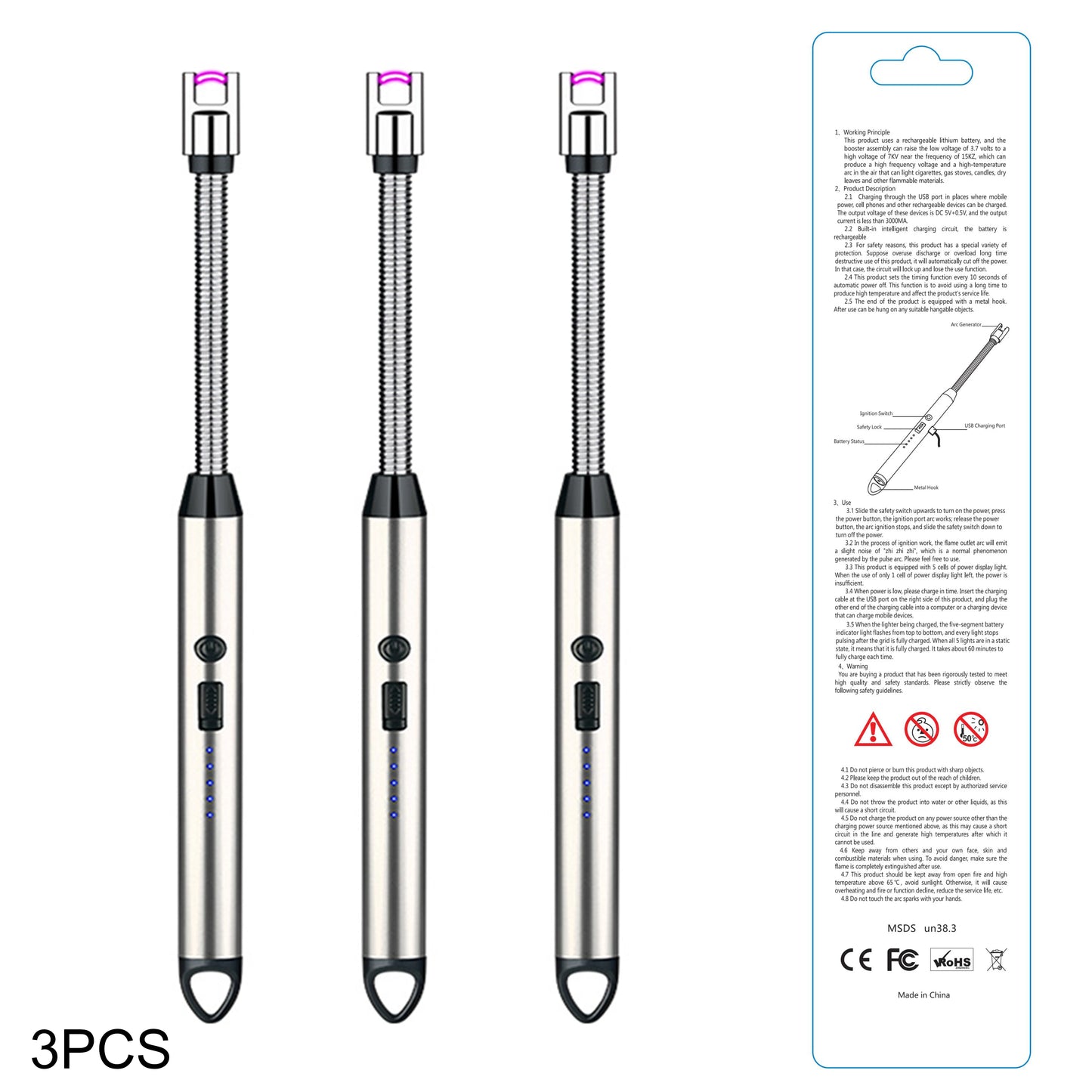 3pcs Rechargeable Electric Lighters, TYPE-C Plasma Arc Kitchen Lighter, Windproof Arc Lighter, Candle Lighter, BBQ Grill Lighter