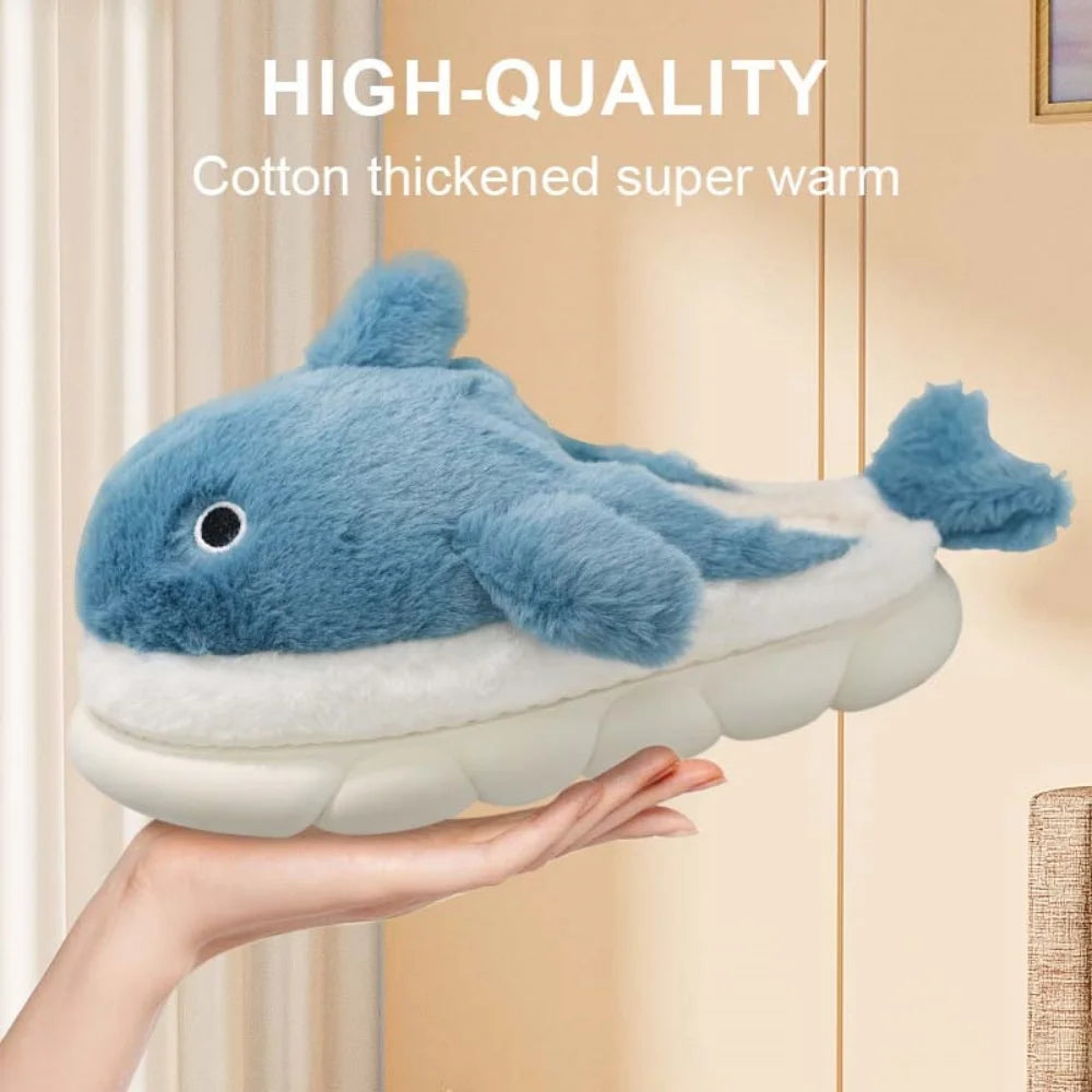 Soft Plush Sharky Slides For Wome&Men,Whale Shark Fuzzy Slippers With Anti-Skid Winter Cute Couple House Slippers Christmas Gift