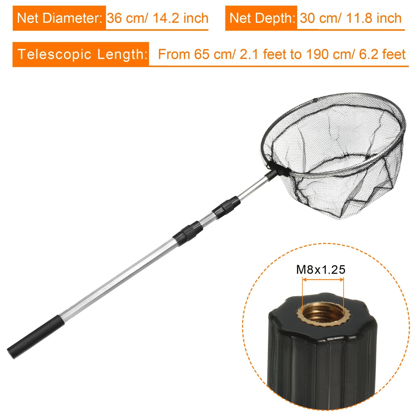 Folding Fishing Net Round Extend to 4.9ft Aluminium Alloy Telescopic Landing Pole Handle with M8 Thread for Freshwater Saltwater