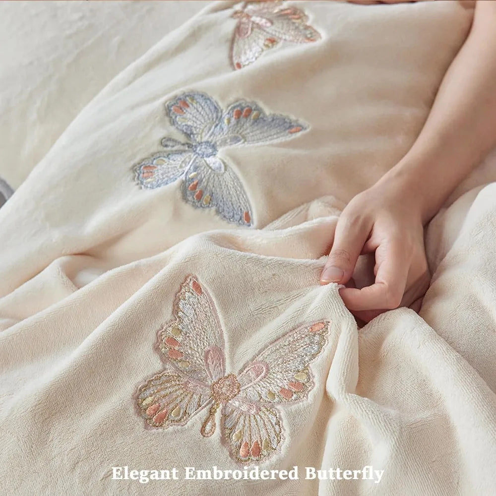 King Size Pink Butterfly Embroidered Fuzzy Duvet Cover Set - 3 Piece Bedding with Zippered Closure