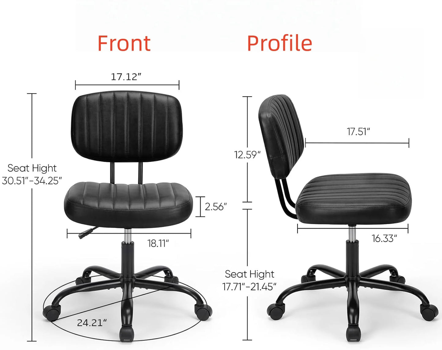 Armless Home Office Desk Chair -Small Ergonomic with Low Back Lumbar Support, Task with 360° Swivel Rolling Wheels