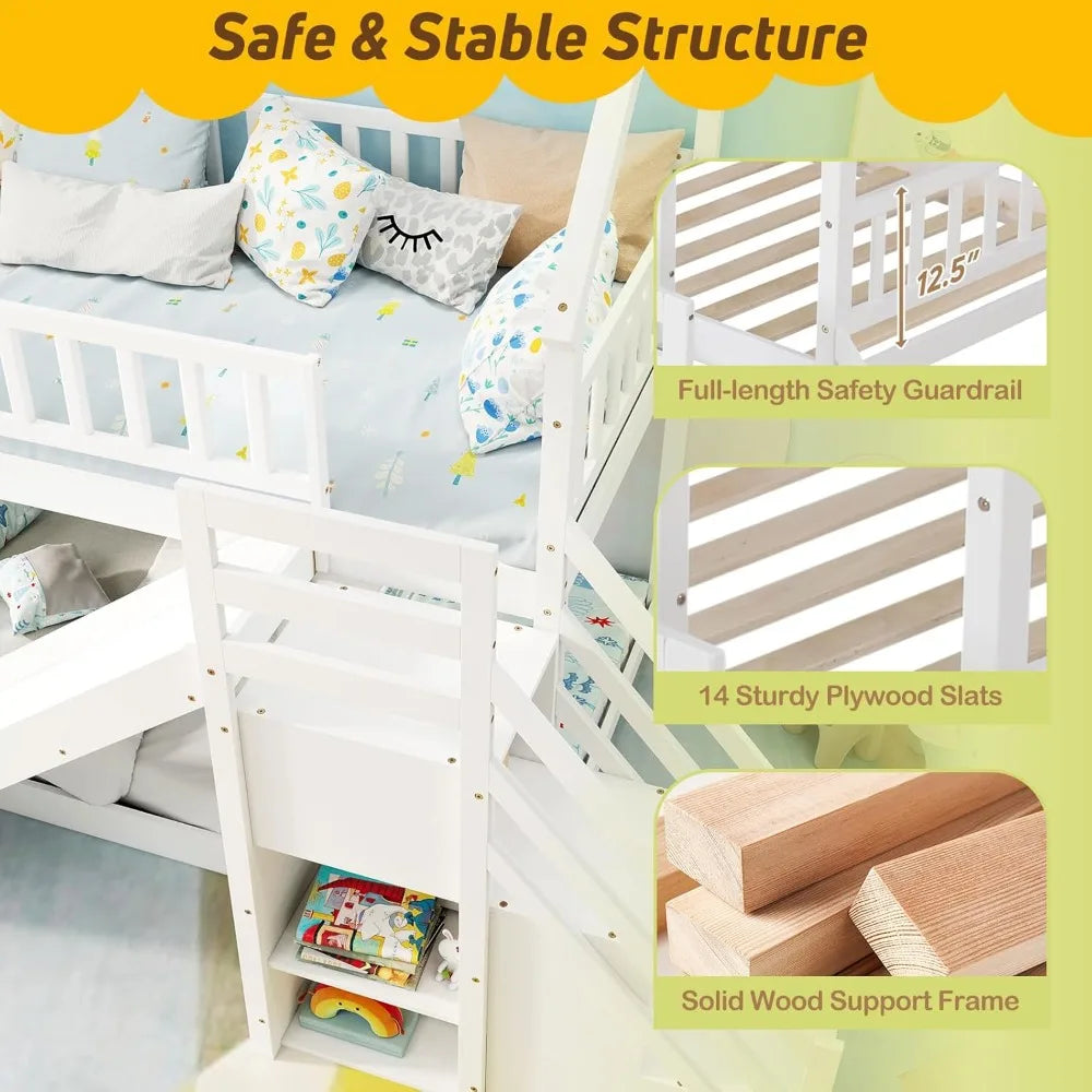 Wood Twin Over Twin Bunk Bed with Slide & Staircase, Twin House Bunk Bed with Safety Guardrails Storage, Floor House Bed Wooden