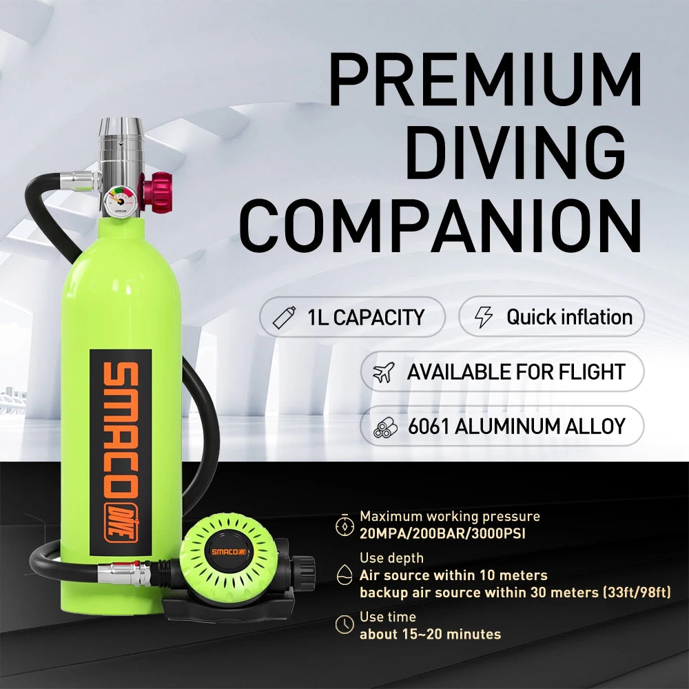SMACO Portable Scuba Tank Kit 1L Capacity, 15-20 Minute Air Dive Time Lung Tank