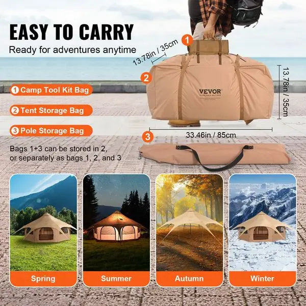 VEVOR Canvas Tent, 4 Seasons 5 m/16.4 ft Bell Tent, Canvas Tent for Camping with Stove Jack, Breathable Yurt Tent for up to 8 Pe