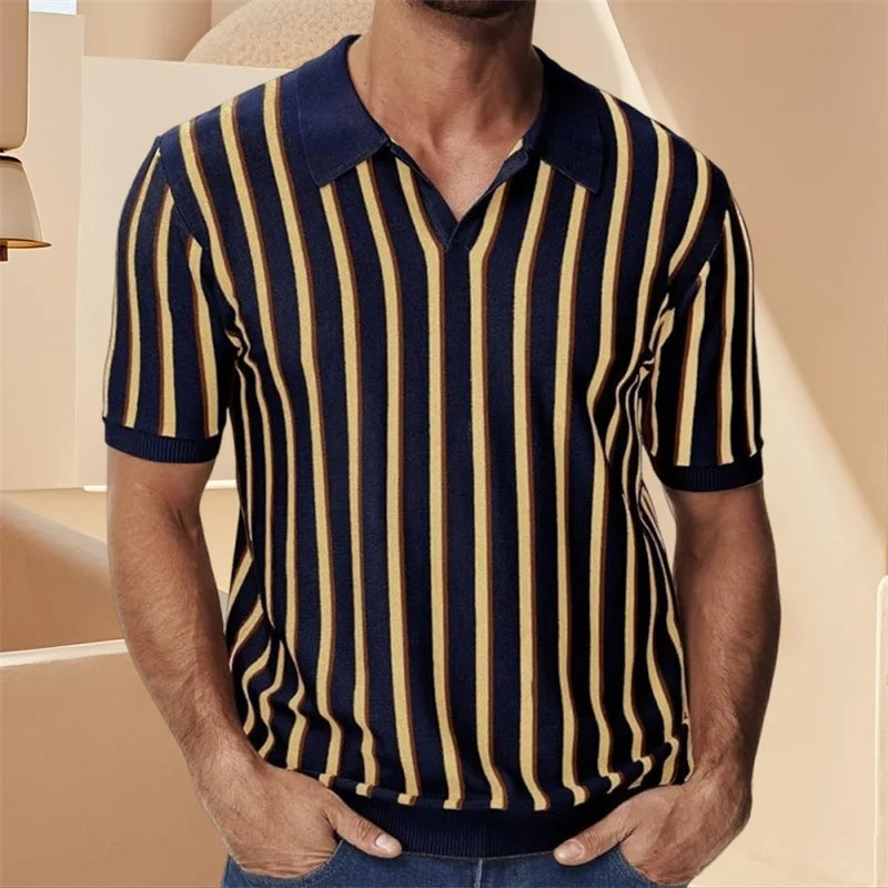 Men s Fit Striped Knit Shirt with Lapel V Neck and Short Sleeves - Stylish Summer Streetwear Top for a Trendy Look