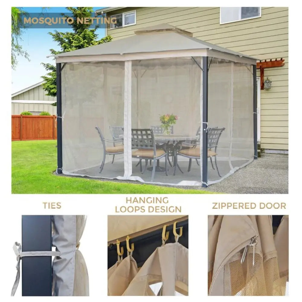 10X10FT Softtop Metal Gazebo with Mosquito Net,Sturdy Heavy Duty Double Roof Canopy,Galvanized Steel Design Outdoor Tent