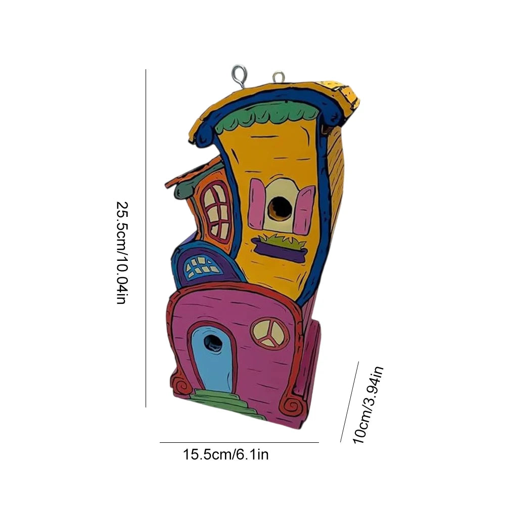 Cartoon Paint Bird Nest with Perch Handmade Bird House Cute Small Nesting Box Warm Bird Resting Place for Home Garden Decor