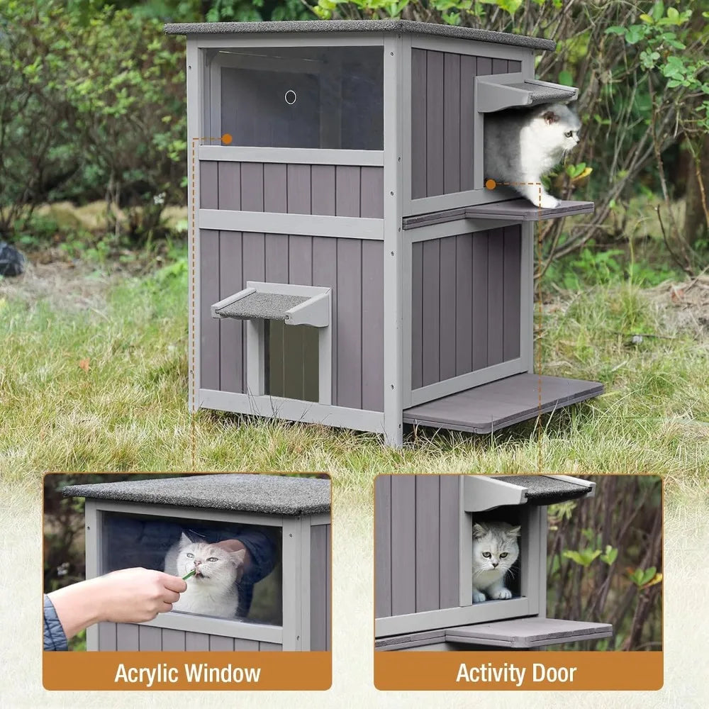 Cat House Feral Kitty Shelter Ourdoor & Indoor Cat Cage with Waterproof Roof, 2 Large Side Doors