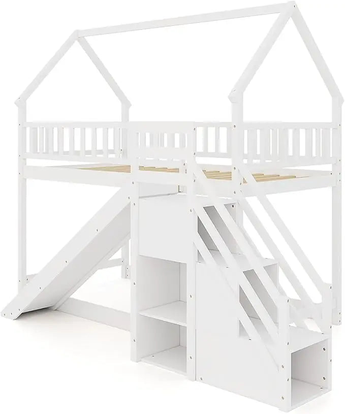 Wood Twin Over Twin Bunk Bed with Slide & Staircase, Twin House Bunk Bed with Safety Guardrails Storage, Floor House Bed Wooden