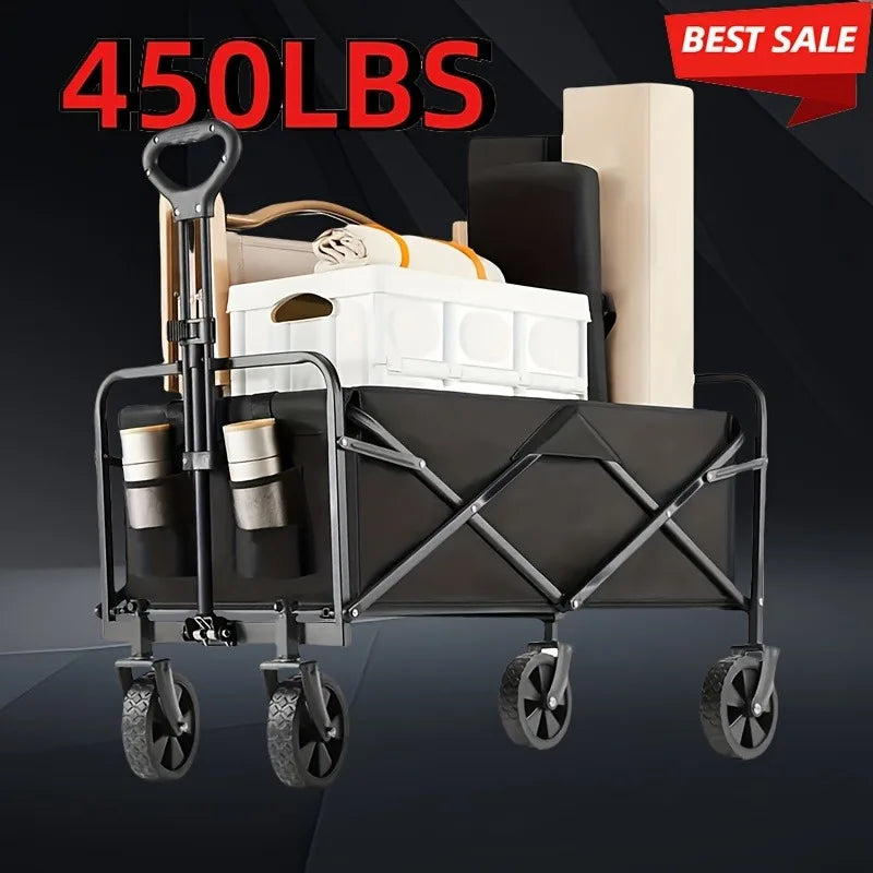 450 lbs Folding Trolley, Heavy Duty Utility Portable Foldable Outdoor Beach Field Trolley with 360° All Terrain Wheels, Side Bag