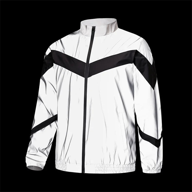Fashion Men Night Reflective Jacket Stand Collar Splicing Spring Autumn Casual Jacket Bicycle Hip-hop Dance Streetwear Man Coat