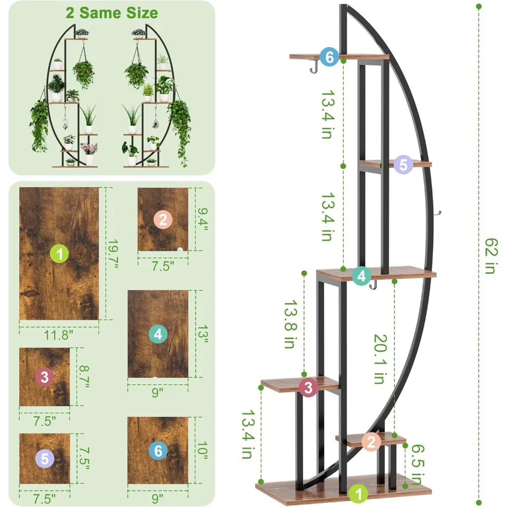 Indoor Tall Tree-Shaped Metal Plant Stand with Clearing Rack and Grow Lights