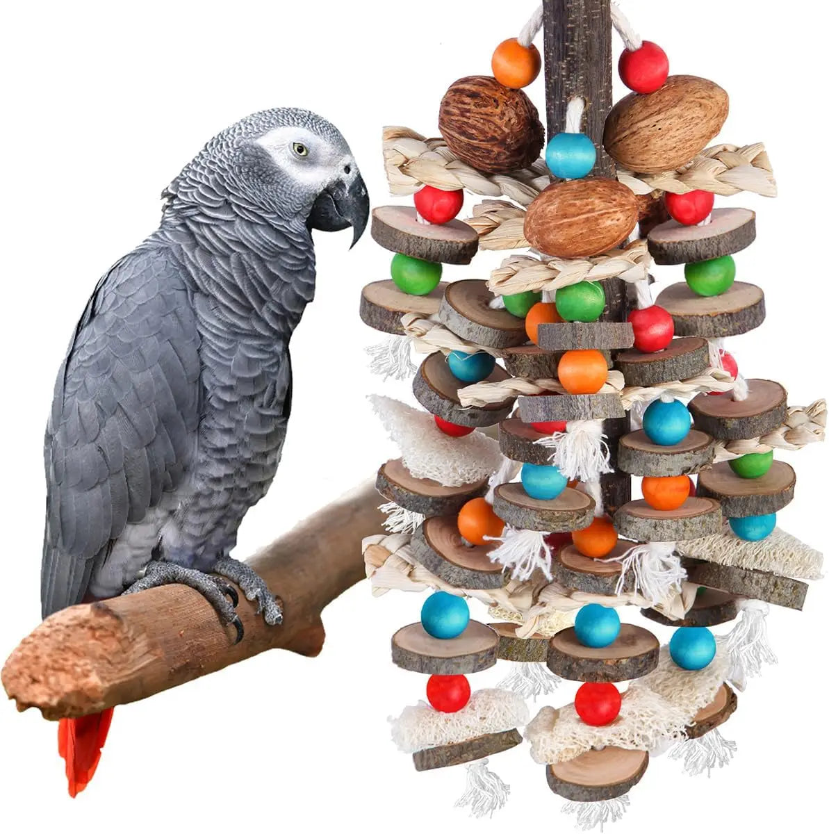 Large parrot toy, bird chew toy, natural nut, corn, loofah, wooden birdcage toy