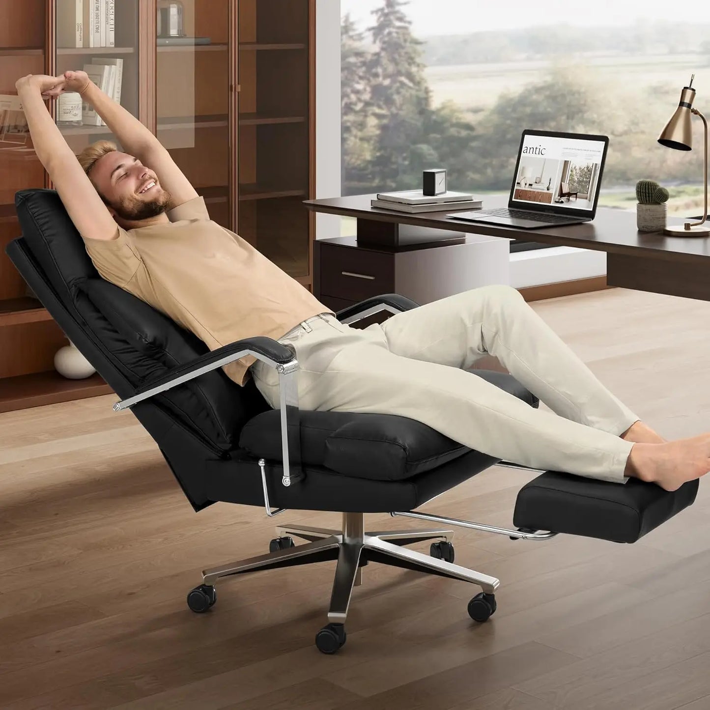 Reclining Office Chair with Footrest - 25.6" Wide Seat & Adjustable Seat Depth, Big and Tall High Back Leather Executive Home
