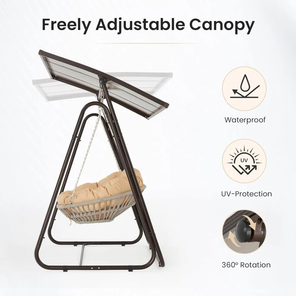 2-Person Outdoor Porch Swing with Adjustable Hardtop Canopy, 5.9" Thick Cushions,Weather-Resistant Rattan Patio Swing Chair with