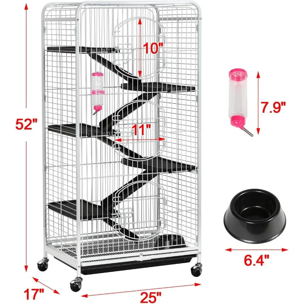 Large Rolling Cat Kitten Cage 6-Tier 52" Metal Kitten House for Ferret Chinchilla Rabbit Squirrels w/ 3 Front Doors