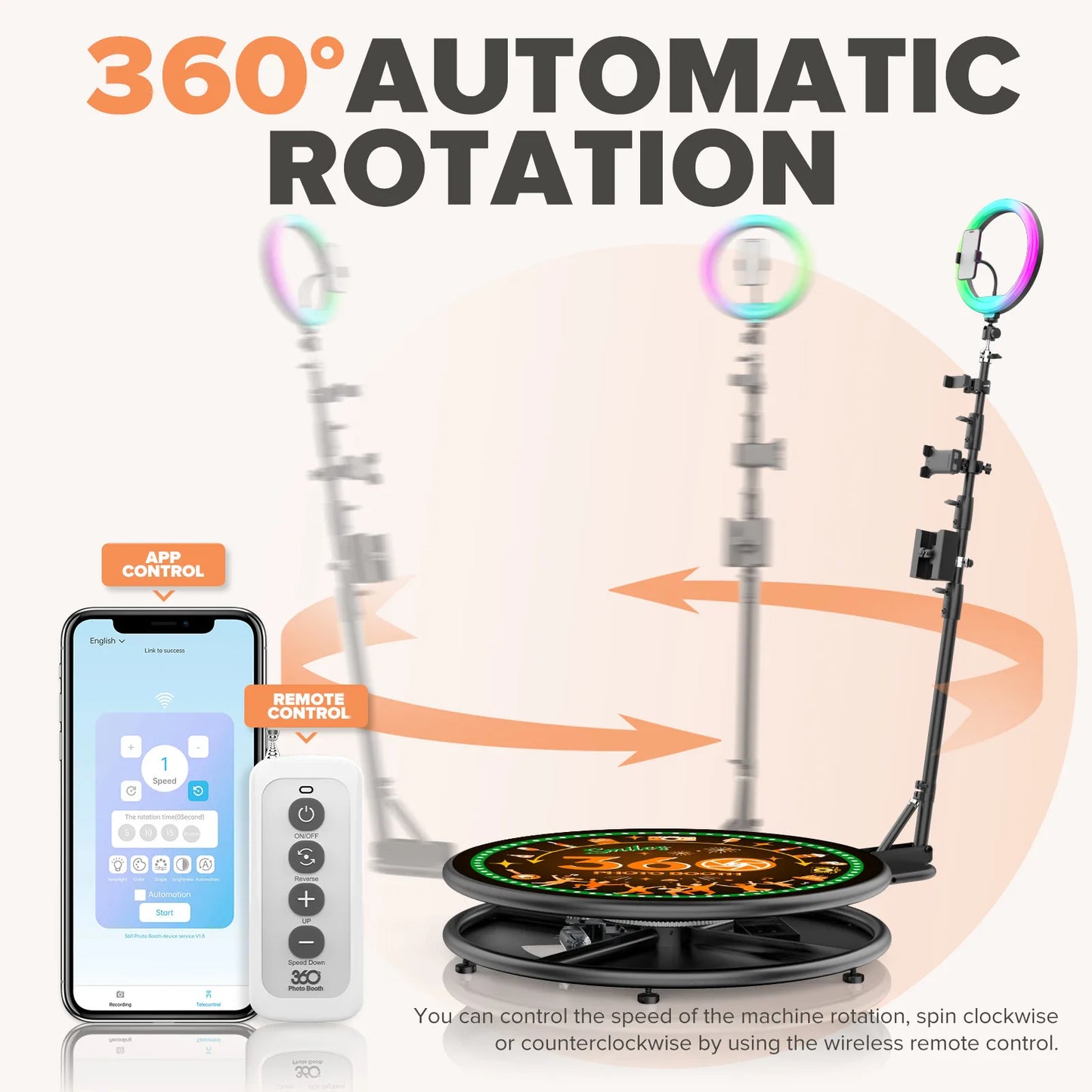 360 Photo Booth for Video 360 Rotating Photobooth Machines with RGB Ring Light App Control 360Photo Booth for Christmas Events
