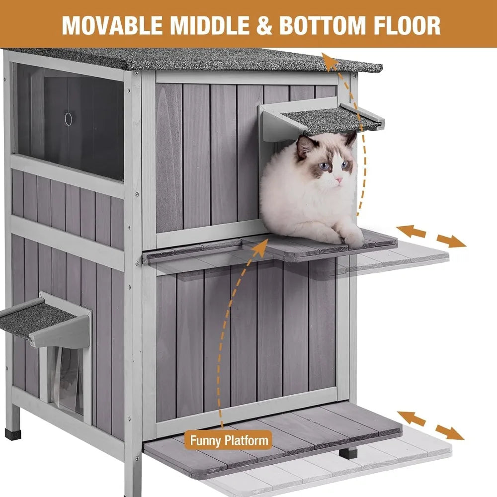 Cat House Feral Kitty Shelter Ourdoor & Indoor Cat Cage with Waterproof Roof, 2 Large Side Doors