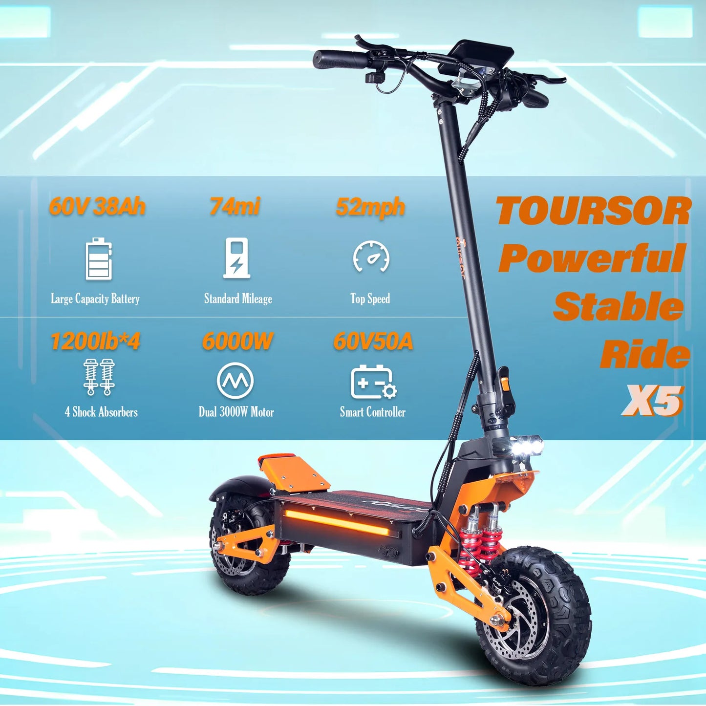 TOURSOR X5 USA EU UK E Scooters 6000W Dual Motor 60V40ah Electric Scooter Adult 11 Inch Off-road Vacuum Tire E-Scooter