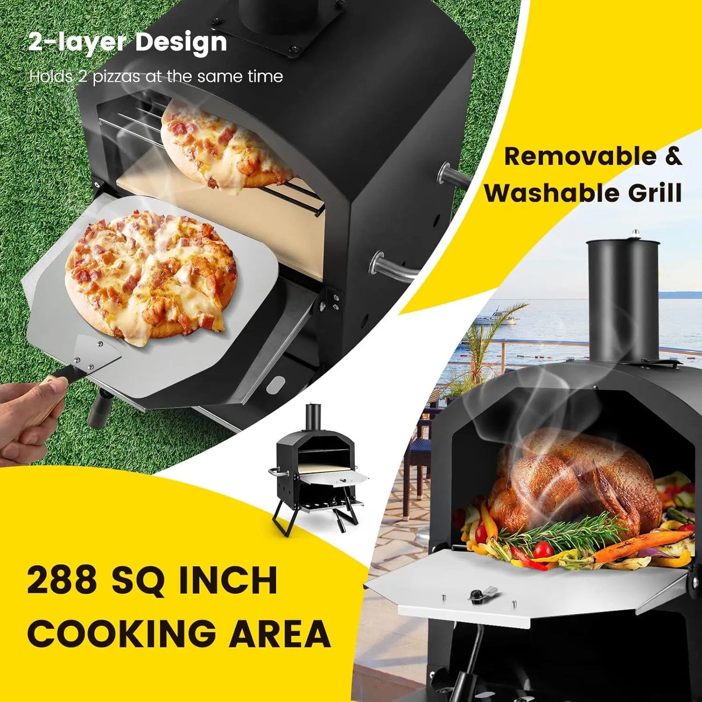 Outdoor Pizza Oven Wood Fired 2-Layer Pizza Maker with Pizza Stone Pizza Peel Removable Cooking Rack Waterproof Cover Folding Le