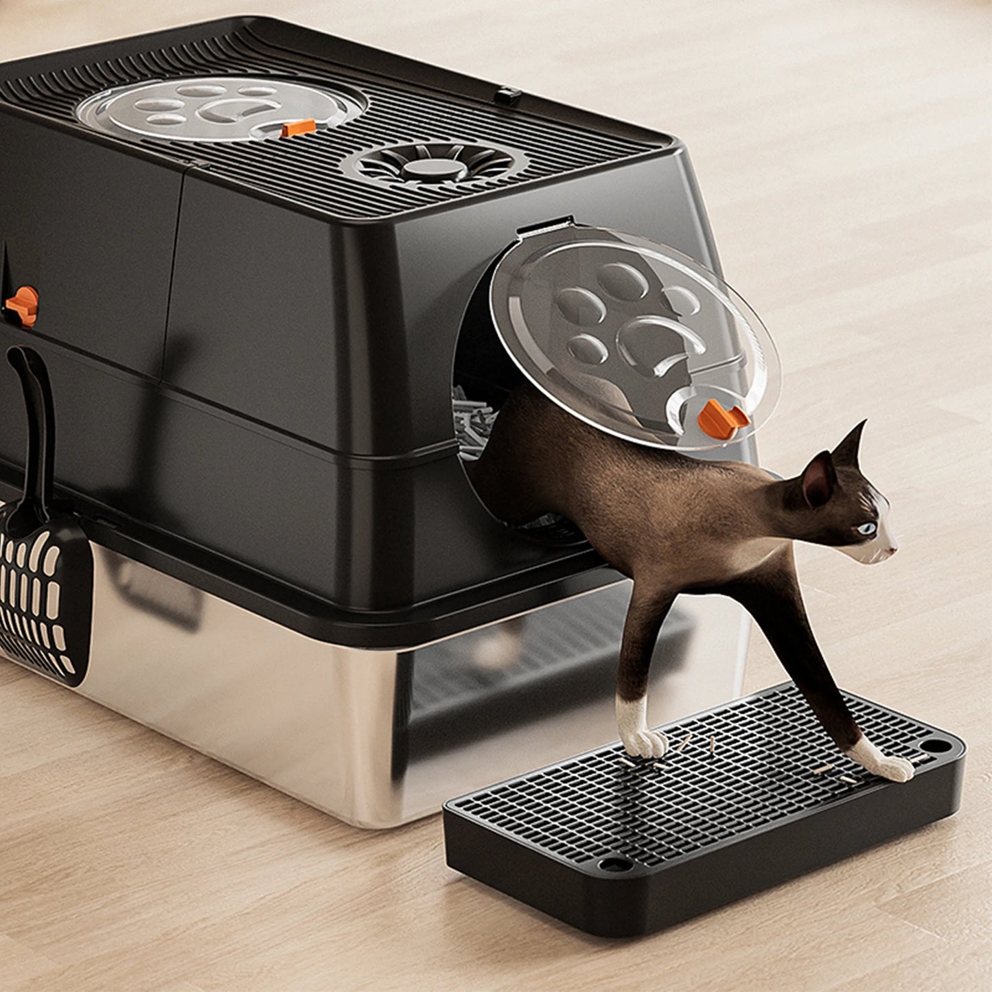 Stainless Steel Cat Litter Box, High Sided Enclosure Cat Toilet With Lid, Front And Top Door, Sand Filter Pedal & Litter Scoop