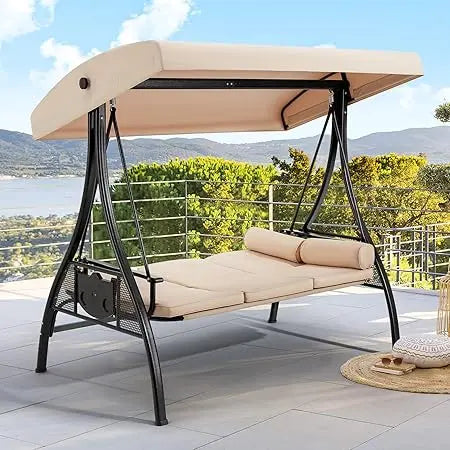 3 Person Outdoor Porch Swing with 1.5" Upgraded Cup Holder, Adjustable Canopy, Backrest, Patio Swing Bed with Weather Resistant