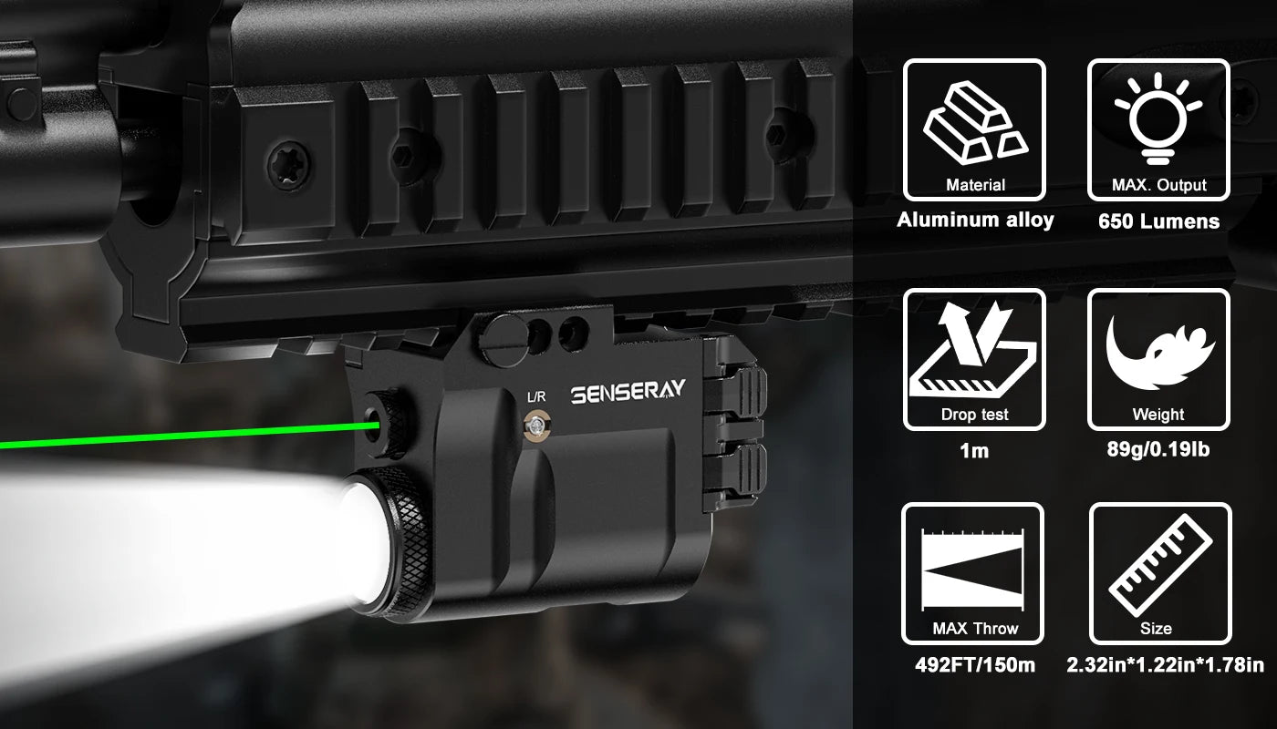 Pistol Light Green Laser Beam Combo Rechargeable Gun Light Strobe Magnetic Charging 1913 Picatinny Rail Mounted Flashlight