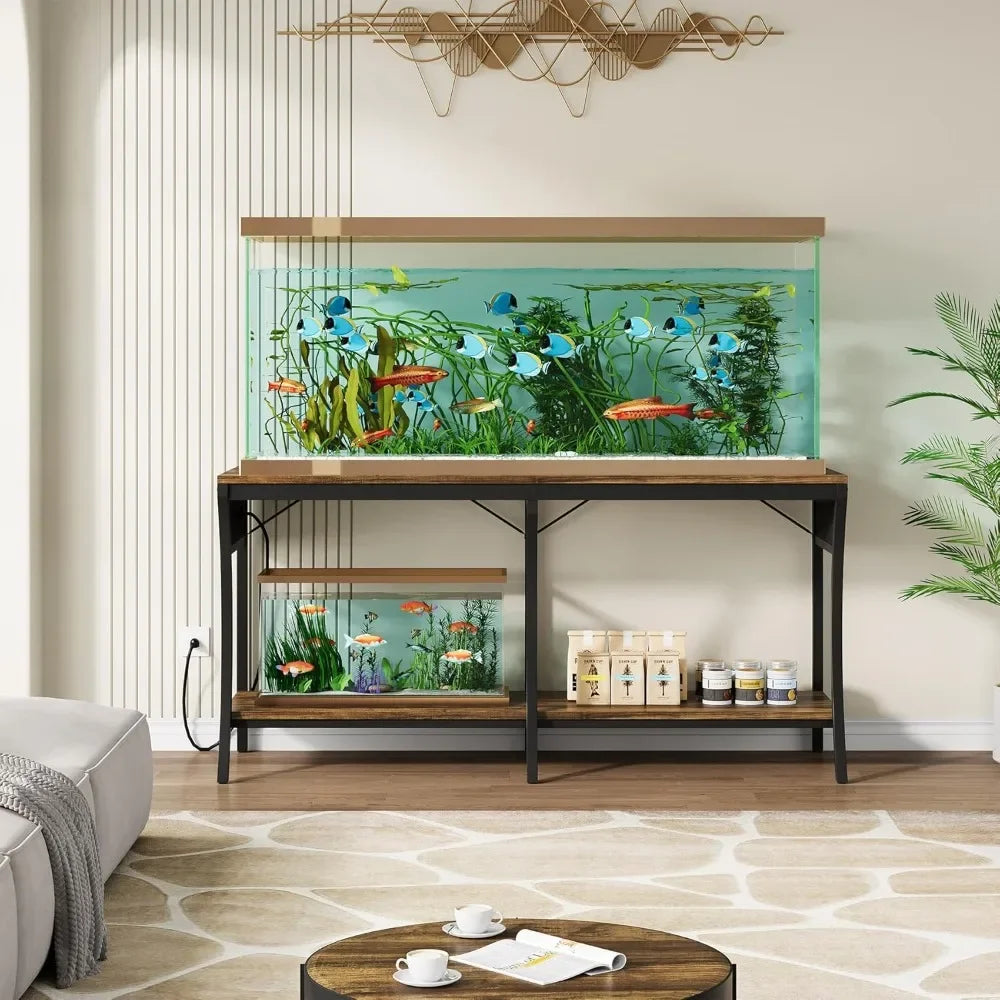 55-90 Gallon Fish Tank Stand, 2-Tier with LED Light & Power Outlets – Metal Frame for Aquarium or Reptile Use