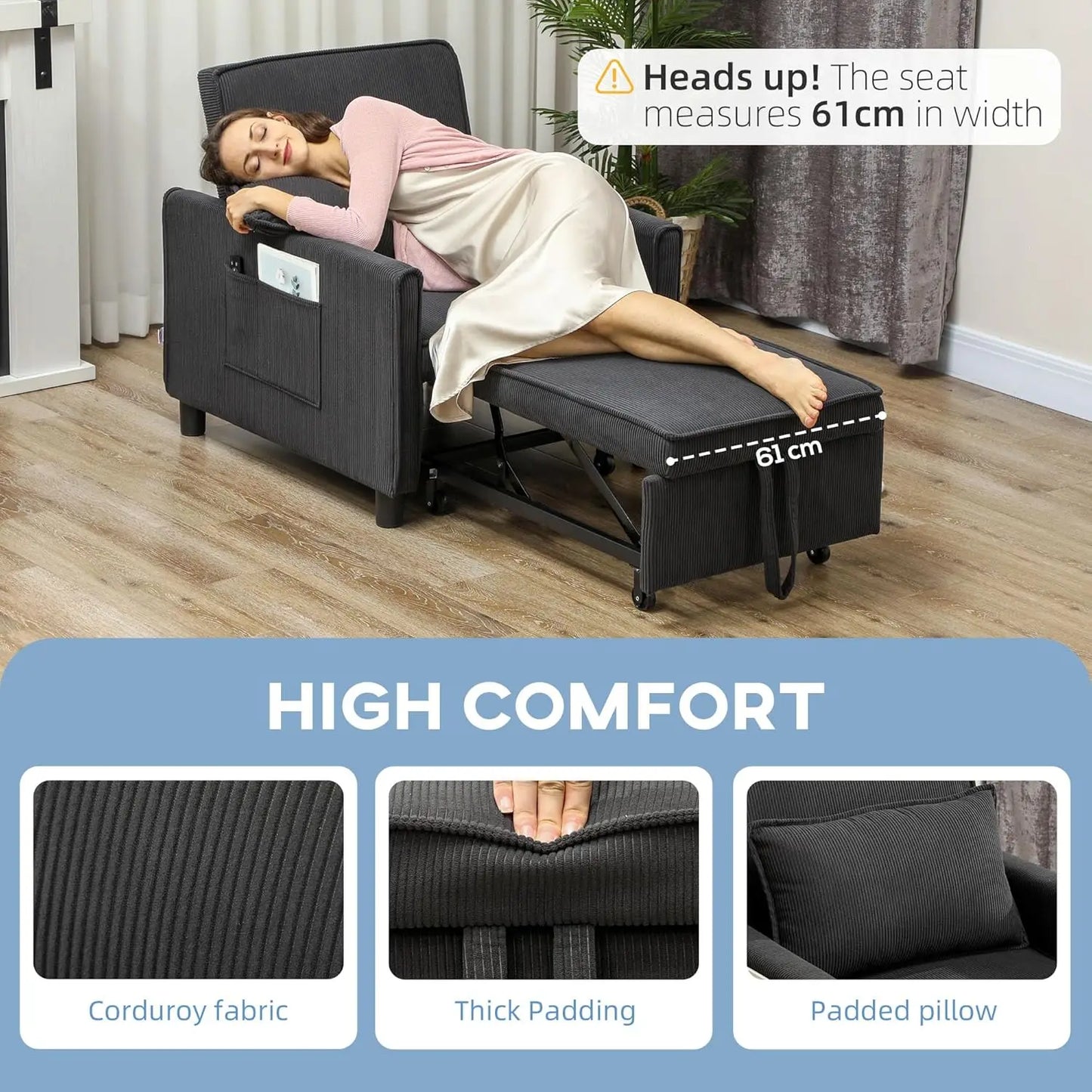 3-in-1 Convertible Chair Bed, Multi-Functional Single Sofa Bed, Pull Out Sleeper Chair with Adjustable Backrest