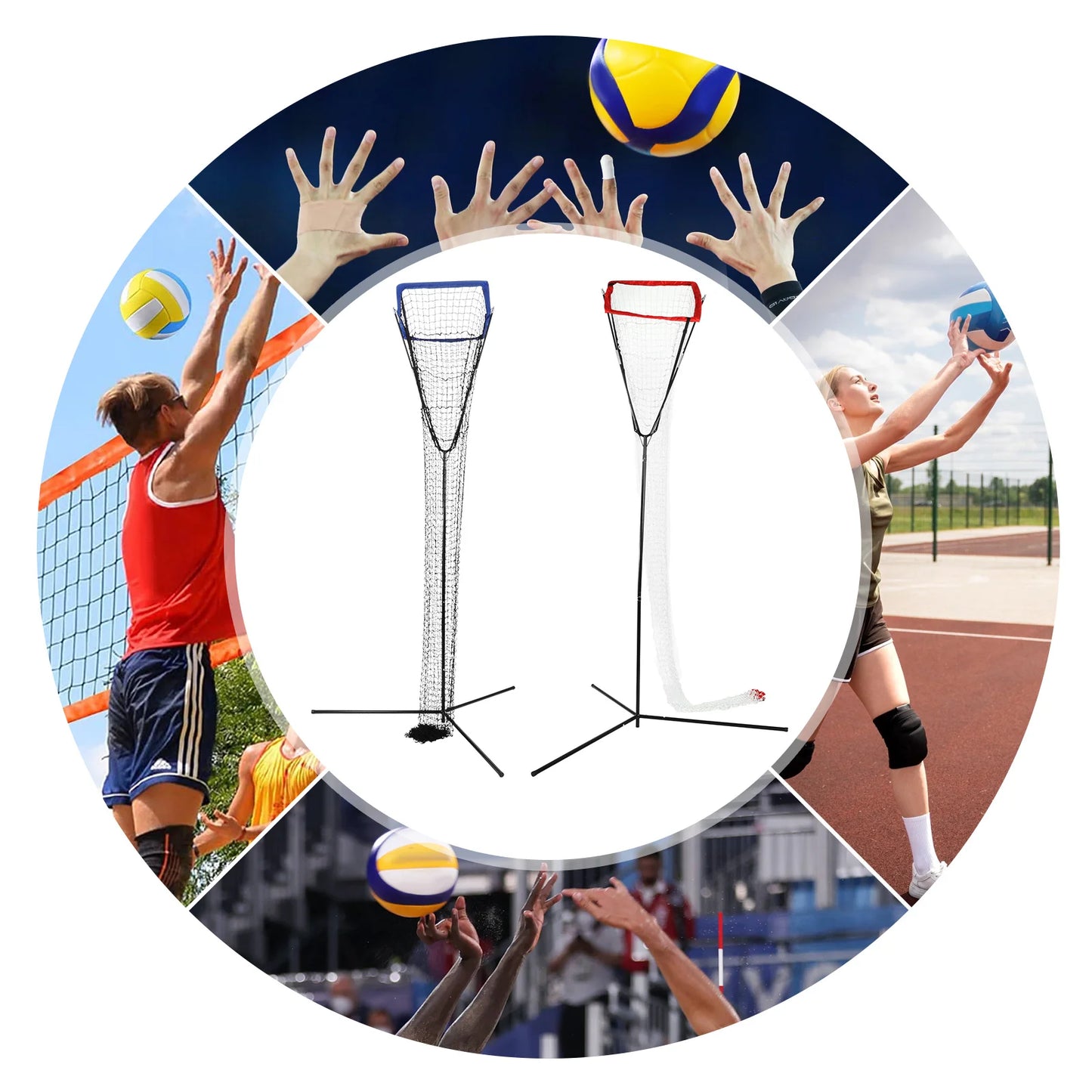 Volleyball Training Iron Net Frame,Black+Blue/Red Free Standing Volleyball Practice Net Adjustable Height and Angle for Patios