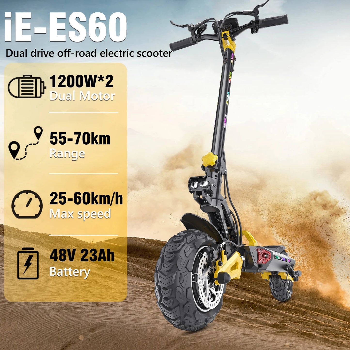 IENYRID ES60 Electric Scooter, 2*1200W Dual Motor, 48V 23Ah Battery, 11-inch Tire, 60km/h Max Speed, 70km Range, Hydraulic Brake