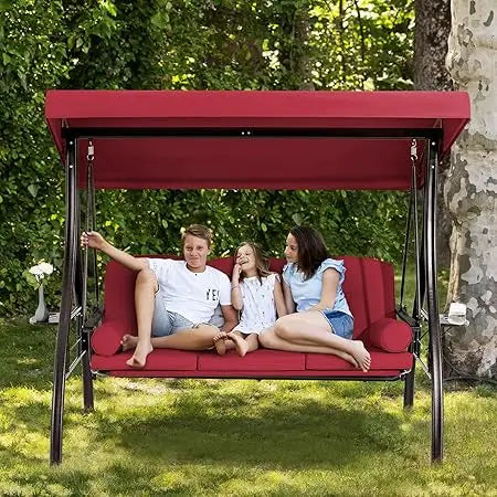 3 Person Outdoor Porch Swing with 1.5" Upgraded Cup Holder, Adjustable Canopy, Backrest, Patio Swing Bed with Weather Resistant
