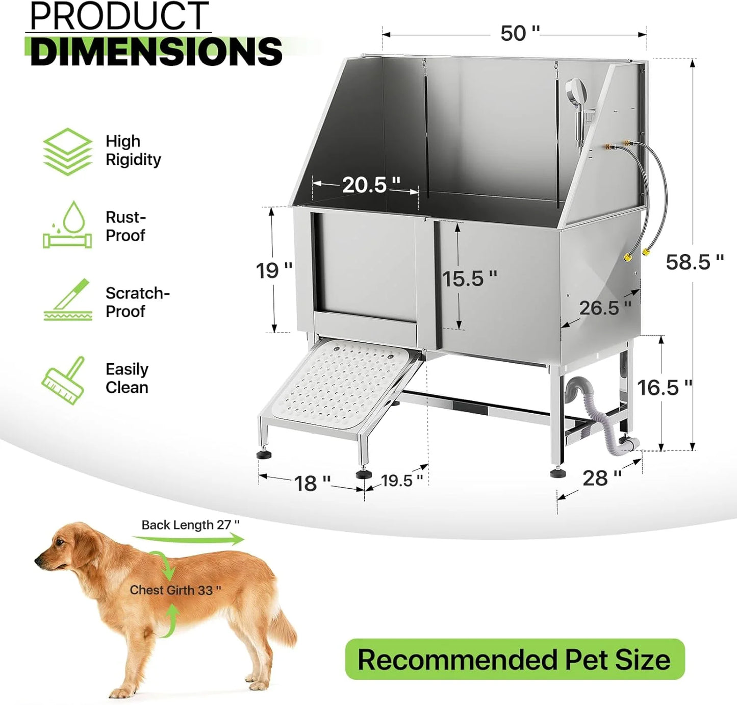 Pet Dog Bathing Station, Stainless Steel Dog Bathtub W/Ramp, Floor Grate, Dog Bath Brush, Washing Gloves for Home, Dog Washing
