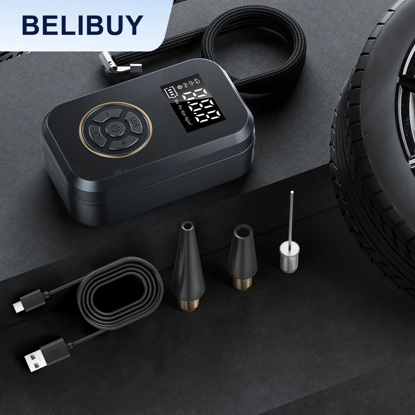 BELIBUY Portable Tire Inflator Car Tire Inflator Tire Inflator Pump With Digital Display Electric Inflator Mini Bicycle Air Pump