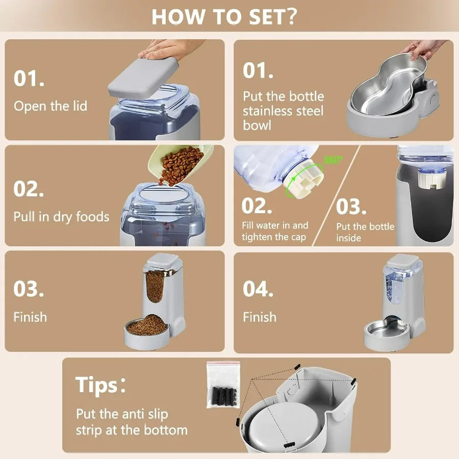 Automatic Cat Feeder and Water Dispenser with Stainless Steel Bowl for Small and Medium Pets Gravityfed Food and Waterer System