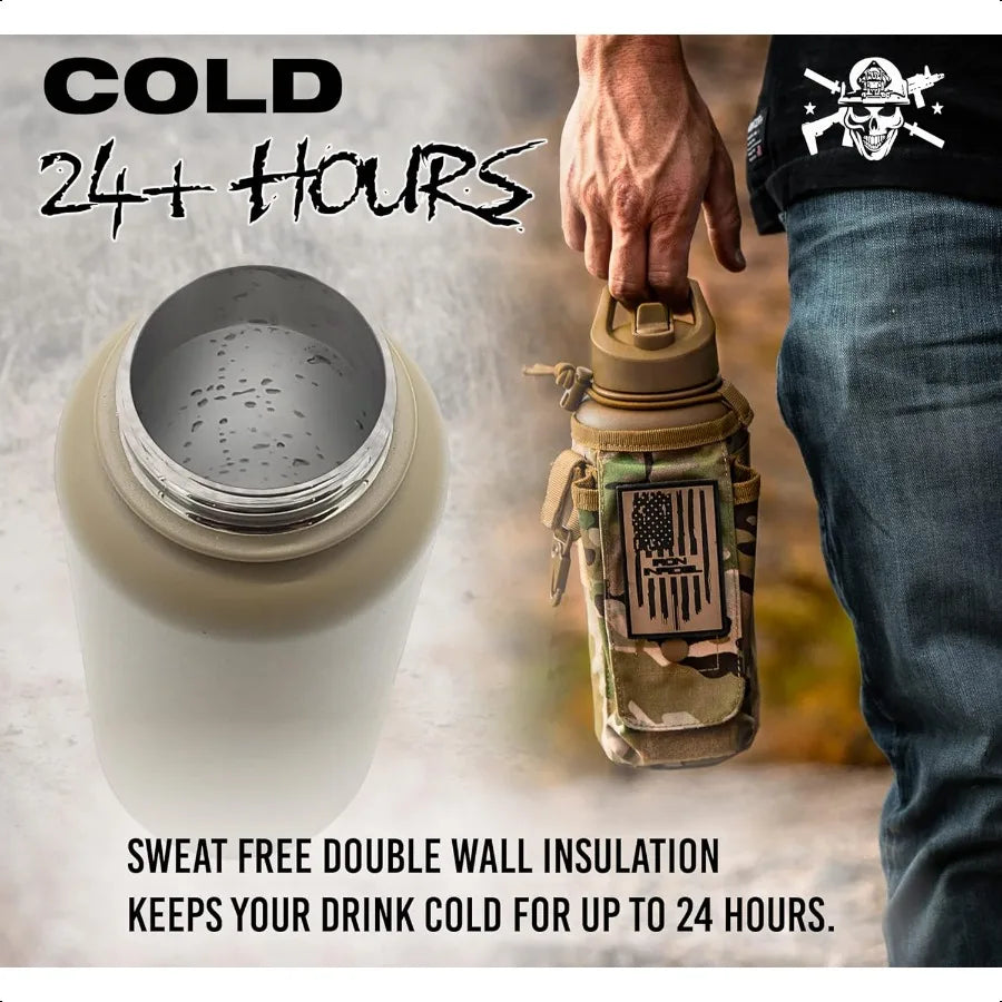 Battle Bottle 32 Oz Insulated Water Bottle with Straw Lid Chug Cap Stainl Steel Metal Tactical Flask With Red Removable Sleeve